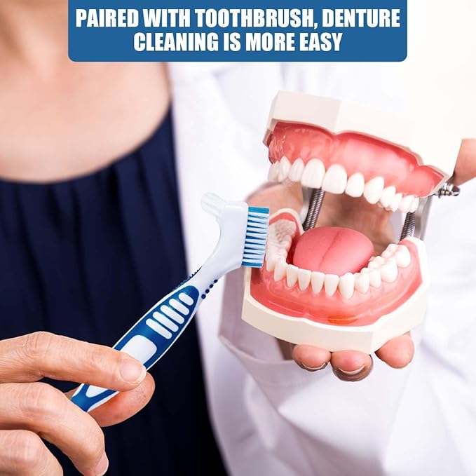 White Denture Bath Case Cup Box Holder Storage Container with Denture Cleaner Brush Strainer Basket for Travel Cleaning