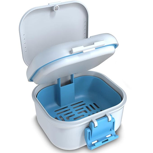 BVN Leakproof Denture Cup, Upgraded Carrying Storage, Denture Bath Box with Filter, Denture Cup for Soaking Dentures, Travel Retainer Cleaning Case (White+Blue).