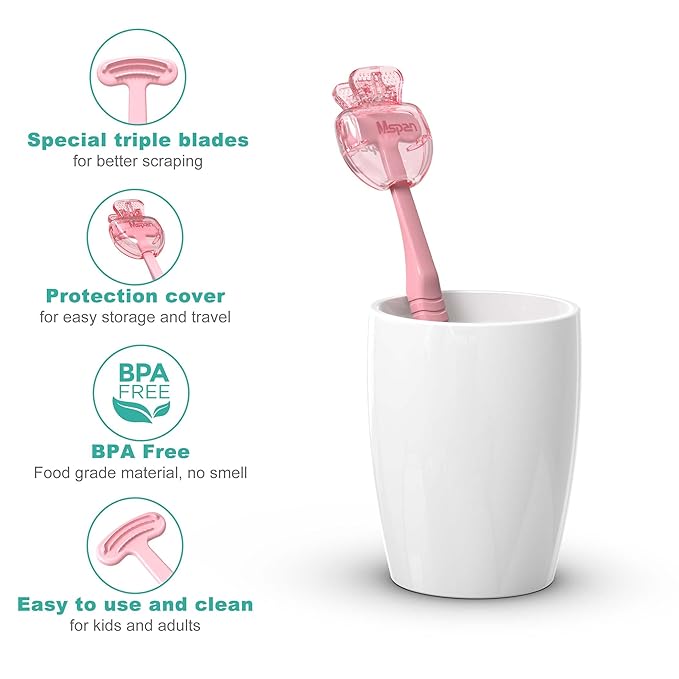 Mspan Tongue Scraper Cleaner Brush: Tongue Care Cleaning Scrubber with Plastic Travel Case Cover for Adults kids - Clean Oral Bad Breath Pink White 2 Pack