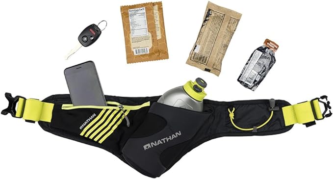 Nathan Peak Running Hydration Waist Pack Belt w/ Speed Draw Flask Water Bottle, 18oz/535 ml Push/Pull Race Cap, Expandable Zippered Stretch Pocket-StrideForce Fitness
