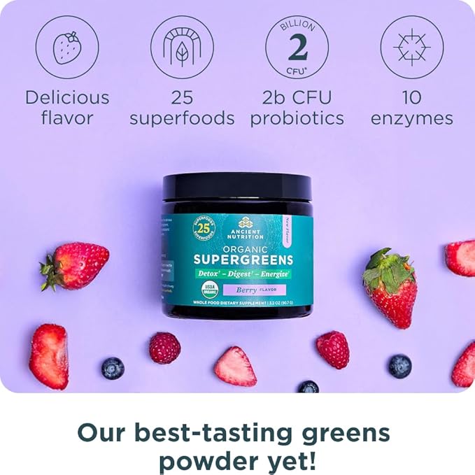 Ancient Nutrition SuperGreens Powder with Probiotics, Organic Berry Flavor Greens, Made from Real Fruits, Vegetables and Herbs, Digestive and Energy Support, 12 Servings, 3.2oz-StrideForce Fitness