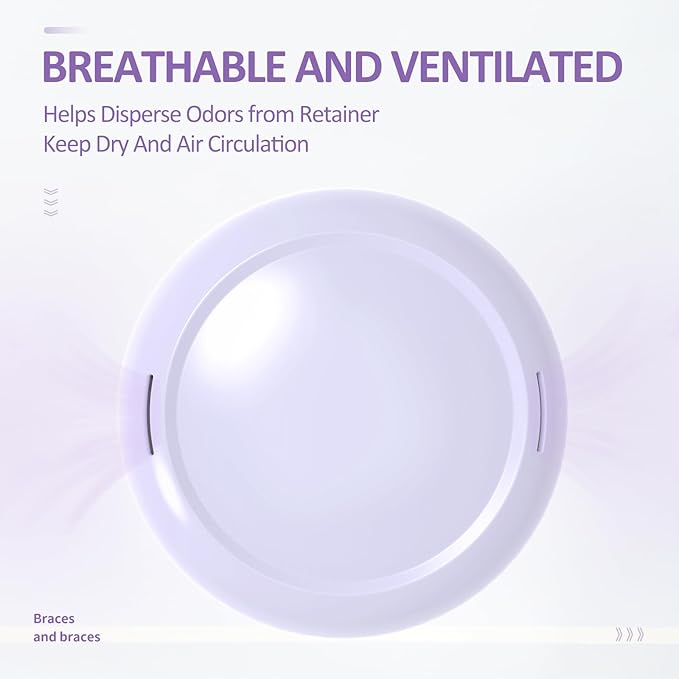 Retainer Case with Mirror,Slim Aligner Case with Vent Holes,Cute Dental Brace Box with Retainer Removal Tool and Brush (Purple Pink)