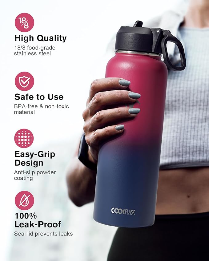 Water Bottle 40 oz Insulated with Straw&Brush, Coolflask Vaccum Stainless Steel Metal 3 Lids Water Flask for Sports, Gym or Office, Keep Cold 48H Hot 24H, Ombre Wine/Navy-StrideForce Fitness