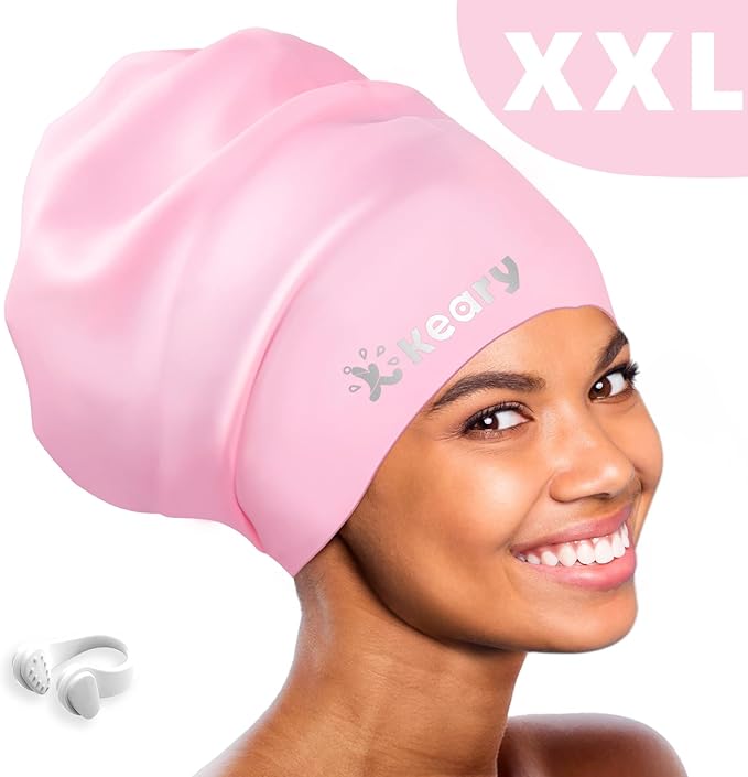 Keary Extra Large Swim Cap for Braids and Dreadlocks Extensions Weaves Long Hair, Waterproof Silicone Cover Ear Bath Pool Shower Swimming Cap for Adult Youth to Keep Hair Dry, Easy to Put On and Off-StrideForce Fitness