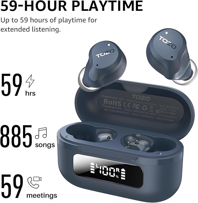 TOZO NC9 Hybrid Active Noise Cancelling Wireless Earbuds, 6 Mics ENC Clear Call, IPX8 Waterproof, in Ear Bluetooth 5.3 Headphones Stereo Bass Ear Buds 59H Playtime with LED Display 32 EQs via APP-StrideForce Fitness