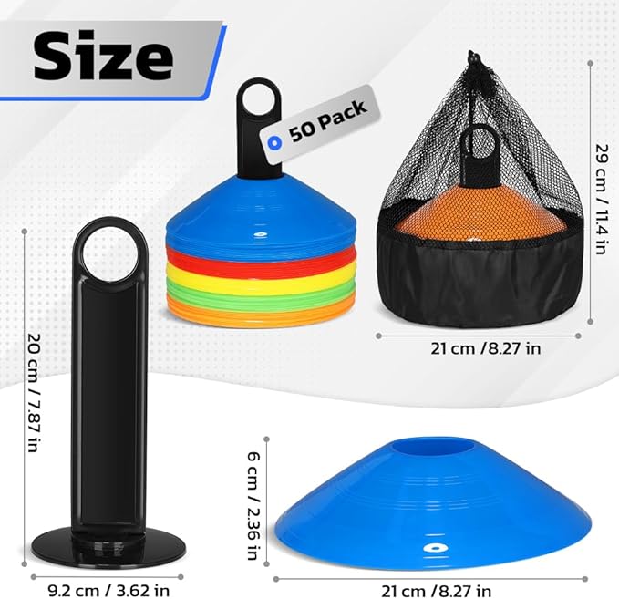 GHB Soccer Cones 25/50/100 Pack Disc Soccer Sport Cones Training Field Marker Agility Cones for Traffic, Basketball, Coaching, Practice Equipment Includes Cone Drills Guide-StrideForce Fitness