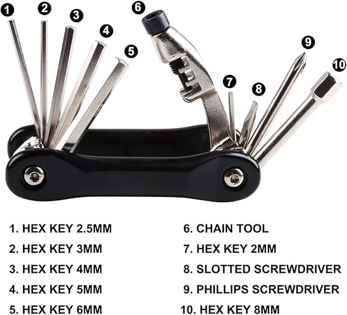 YBEKI Bike Tyre Repair Tool Kit - Bicycle Tool kit with 210 Psi Mini Pump 10-in-1 Multi-Tool with Chain Breaker, Tyre Levers &Tire Patch, Bone Wrench, 1 Portable Bag-StrideForce Fitness