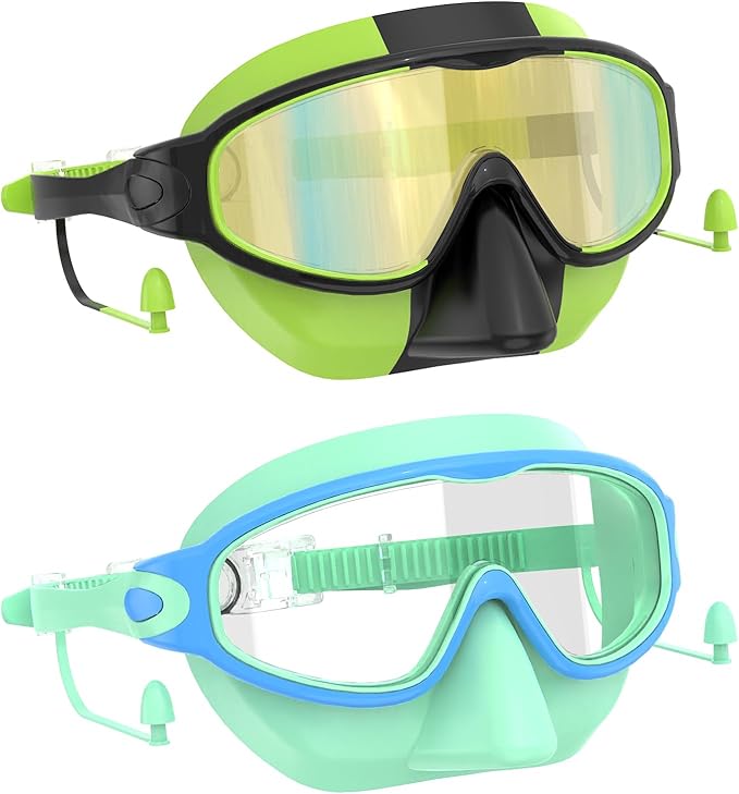 Swim Goggles for Kids 3-15 with Earplugs Large Frame Anti-Fog/UV Swimming Goggles for Boys Girls Toddler 2PCS-StrideForce Fitness
