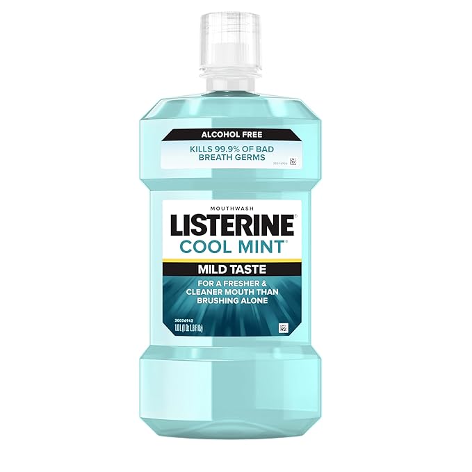 Listerine Cool Mint Alcohol Free Mouthwash, Oral Rinse Kills 99.9% of Germs That Cause Bad Breath, for Fresh Breath & Less Intense Taste, No Alcohol Burn Cool Mint Flavor, 1 L