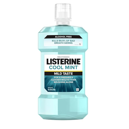 Listerine Cool Mint Alcohol Free Mouthwash, Oral Rinse Kills 99.9% of Germs That Cause Bad Breath, for Fresh Breath & Less Intense Taste, No Alcohol Burn Cool Mint Flavor, 1 L
