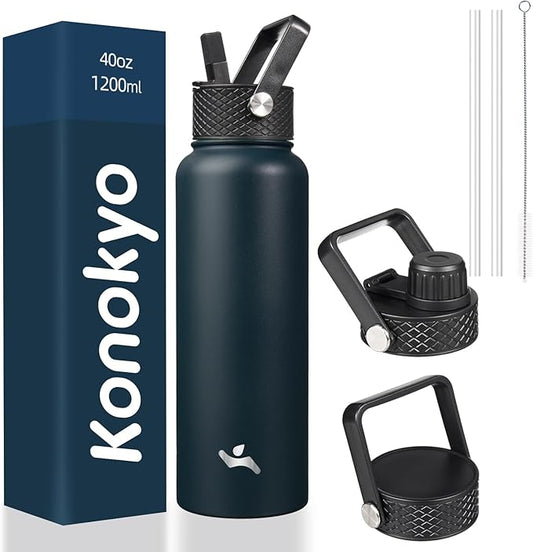 40oz Insulated Water Bottle Stainless Steel Sport Bottles with 3 Lids,Navy Blue-StrideForce Fitness