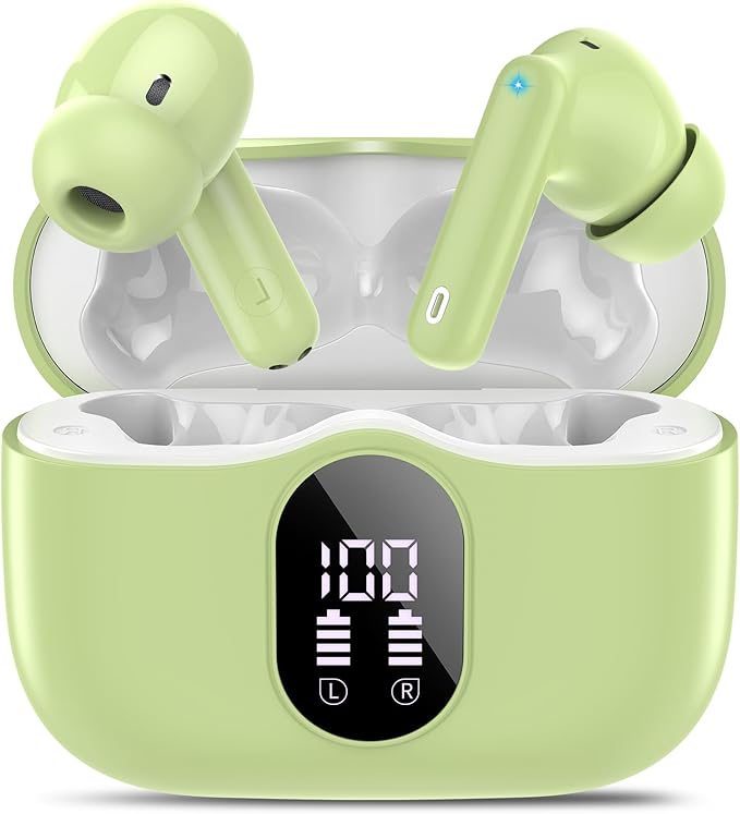 Wireless Earbuds, Bluetooth 5.4 Headphones Bass Stereo, Ear Buds with Noise Cancelling Mic, IP7 Waterproof in Ear Earphones, 36H LED Display Bluetooth Earbuds for Laptop Pad Phones Sports, Grass Green-StrideForce Fitness