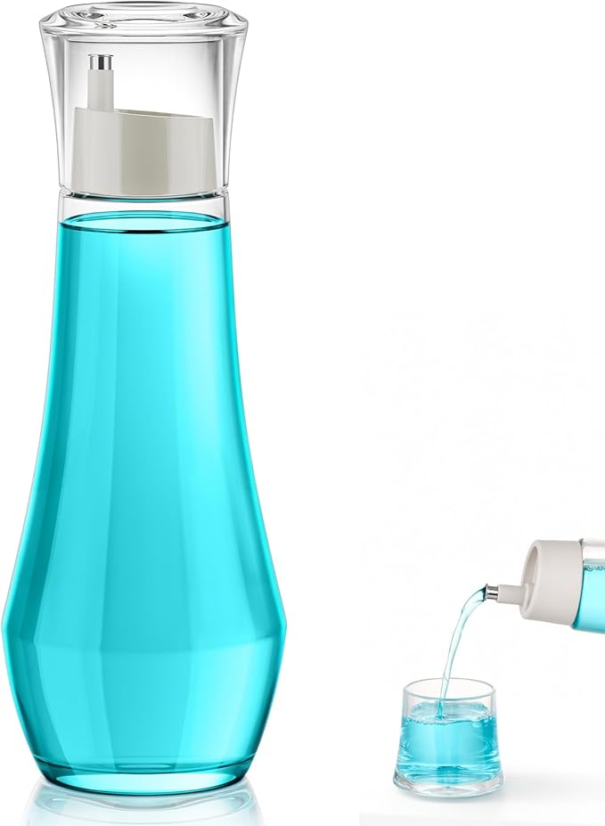 VITVITI Glass Mouthwash Dispenser for Bathroom, 8.8OZ Mouth Wash Container Bottle with Lid Cup, Small Clear Refillable Mouthwash Dispenser Decanter for Countertop