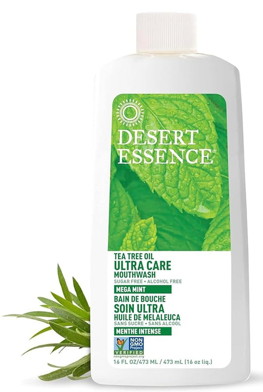 Desert Essence Natural Tea Tree Oil Ultra Care Mouthwash - Mega Mint - 16 Fl Oz - Freshens Breath - Defends Against Sugar Acids - Vitamin C - Soothes Gums - Whitening Floss - Removes Food Debris