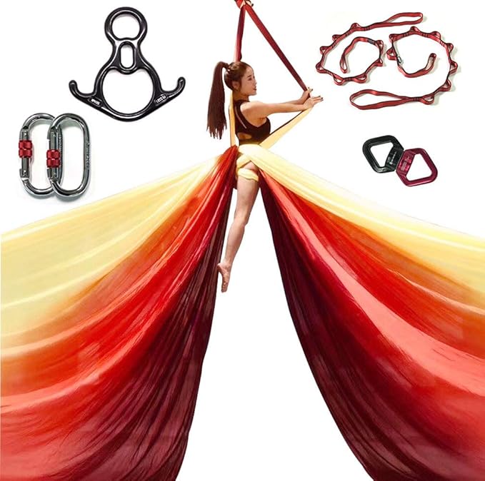 DASKING Aerial Silks Starter Kit - Durable 11Yards of Aerial Yoga Hammock with Hardware, Aerial Swing for Acrobatic Flying Yoga & All Levels (Aerial Rigging Point Up to 14ft)-StrideForce Fitness
