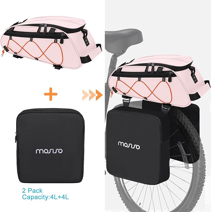 MOSISO Bike Rack Bag with 2 Removable Panniers, Waterproof Bike Trunk Cooler Storage Handbag Insulated Bicycle Rear Seat Pouch, Bicycle Storage Saddle Shoulder Bag Cycling Luggage Pouch, Pink-StrideForce Fitness