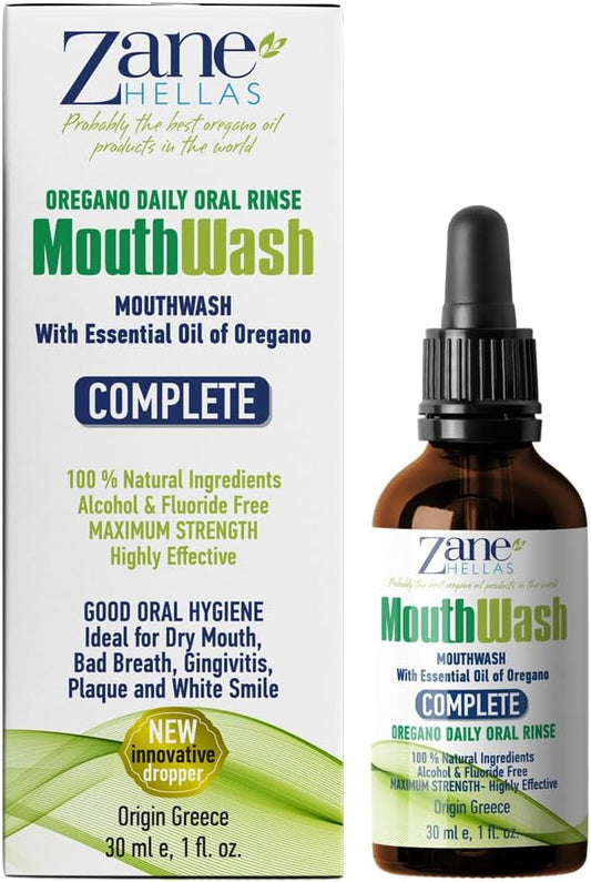 Zane Hellas MouthWash. Oral Rinse with Oregano Oil Power. Ideal for Gingivitis, Plaque, Dry Mouth, and Bad Breath. Alcohol and Fluoride Free. 100% Herbal Solution. 1 fl.oz.-30ml.