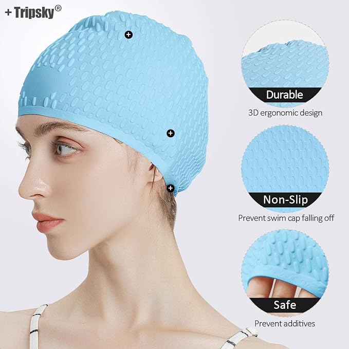 Tripsky Silicone Swim Cap,Comfortable Bathing Cap Ideal for Curly Short Medium Long Hair, Swimming Cap for Women and Men, Shower Caps Keep Hairstyle Unchanged…-StrideForce Fitness