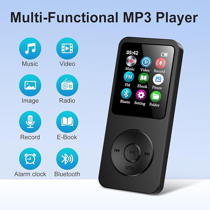 64GB MP3 Player with Bluetooth 5.3, 1.8 inch Screen Portable Music Player with Speaker, FM Radio, Voice Recorder, Physical Buttons Supports Expanded Up to 128GB(Black)-StrideForce Fitness