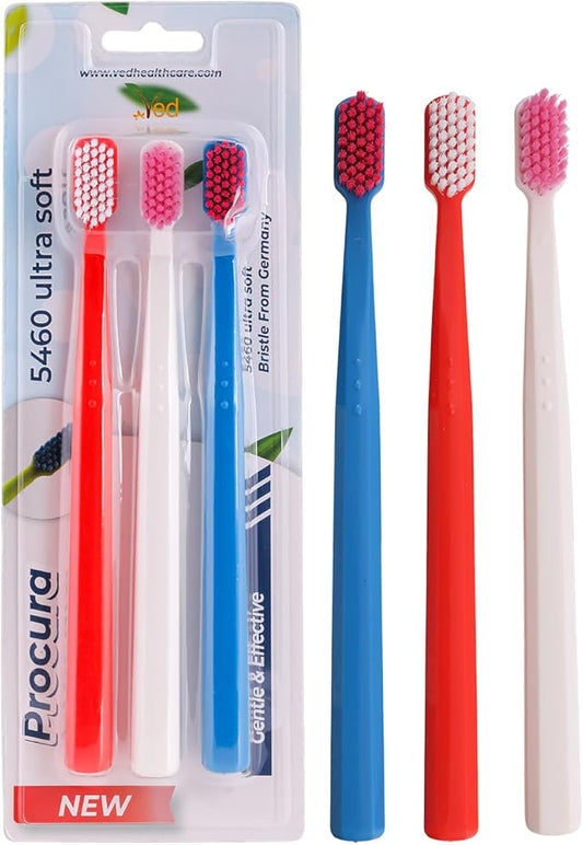 Ved ProCura Ultra Soft Toothbrush – Gentle Manual Toothbrush for Adults with 5,460 Super Soft Bristles for Sensitive Teeth and Gums, (Red+White+Dark Blue)