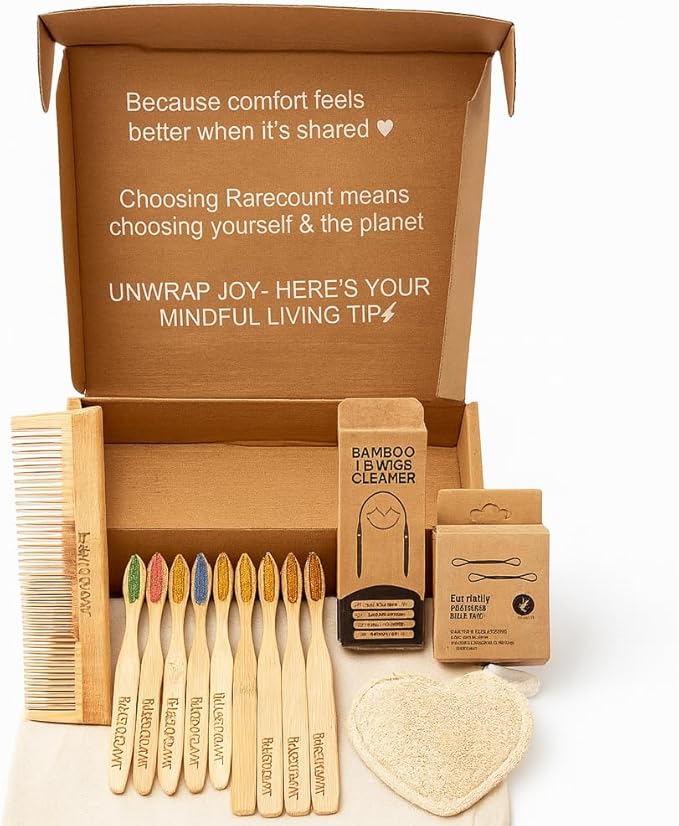 Zero Waste Bathroom Kit – Bamboo Toothbrush, Tongue Scraper, Natural Loofah, Bamboo Earbuds & Wooden Comb | Eco-Friendly Hygiene Set