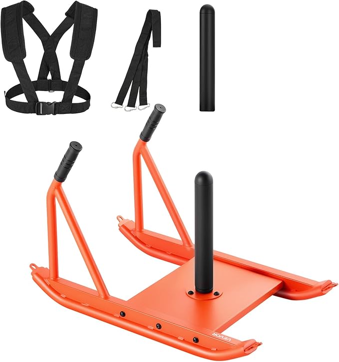 VEVOR Weight Sled, Steel Power Sled, Fitness Strength Training Sleds for Athletic Exercise Speed Improvement, Workout Fitness Equipment with Handle, Compatible with 1/2 in Weight Plates, Orange-StrideForce Fitness