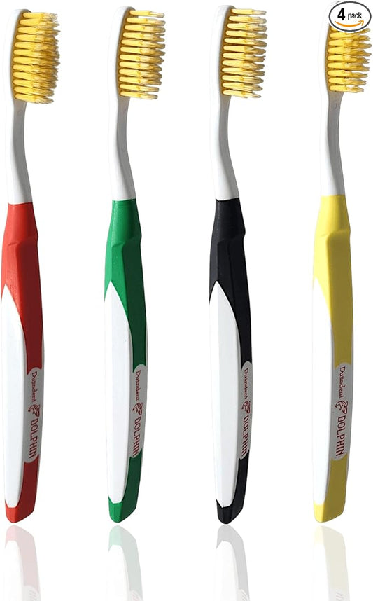 Dolphin Gold [4 Packs] Extra Soft Toothbrush Manual Long Flossing Bristle, Ultra Clean Toothbrush, Good for Sensitive Teeth and Gums (Multi, Gold 4 Packs)