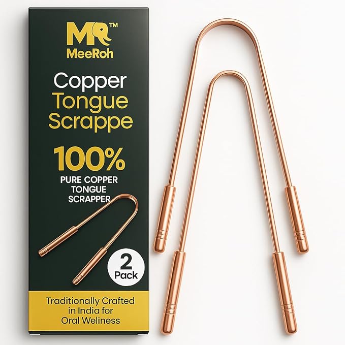 MeeRoh 100% Pure Copper Tongue Scraper Cleaner – 2 Pack – Natural Breath Freshener, Durable & Eco-Friendly Copper Tongue Cleaner
