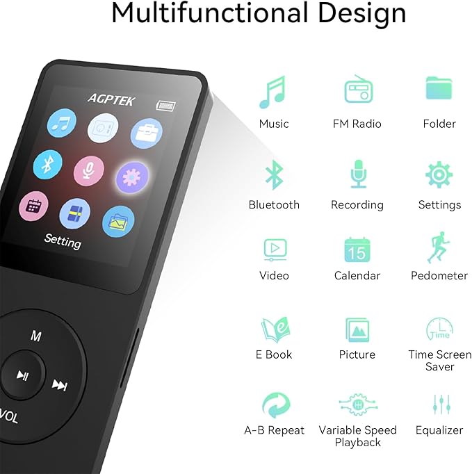 AGPTEK A02 MP3 Player with Bluetooth 5.3, 1.8 inch Screen Portable Music Player with Speaker, FM Radio, Voice Recorder, Supports Expanded Up to 128GB(Black, 32GB)-StrideForce Fitness