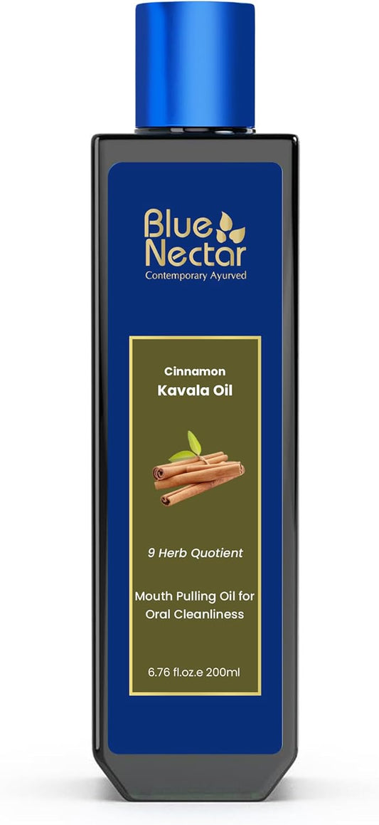 Blue Nectar Cinnamon Mouth Pulling Oil for Kavala Gandusha Oral Hygiene Ritual | Ayurvedic Mouthwash for Fresh Breath,Daily Oral Care & Helps Maintain Fresh Gums (9 Herbs, 6.76 Fl Oz)