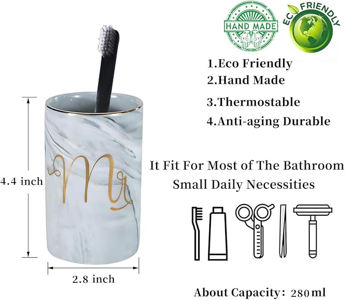 Kelake Ceramic Rustic Gray Marble Bathroom Tumbler Cup for Mouthwash Rinsing Toothbrush and Toothpaste Holder Letters Stand Cups 280 ml Porcelain Milk Drinking Cups for Christmas Birthday