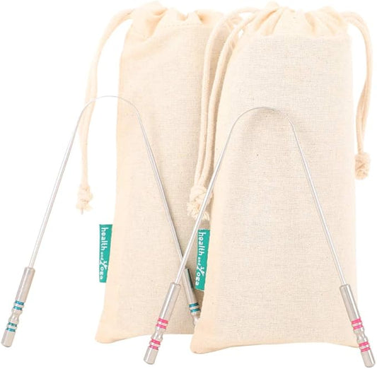 HealthAndYoga™ SteloSwipe His and Hers Premium Tongue Cleaners for Partner and You (2 pcs) - Quality Steel Tongue Scrapers with Color Identifying Hygienic Steel Grips