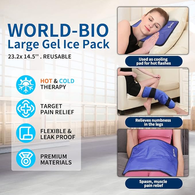 Extra Large Ice Pack for Injuries Reusable, Physical Therapy Cold Pack w/2 Straps for Full Back Knee Pain Relief, Hot Cold Compress Gel Ice Wrap for Swelling, Bruises, Large Ice Pad 23.2" x 14.5" Blue-StrideForce Fitness