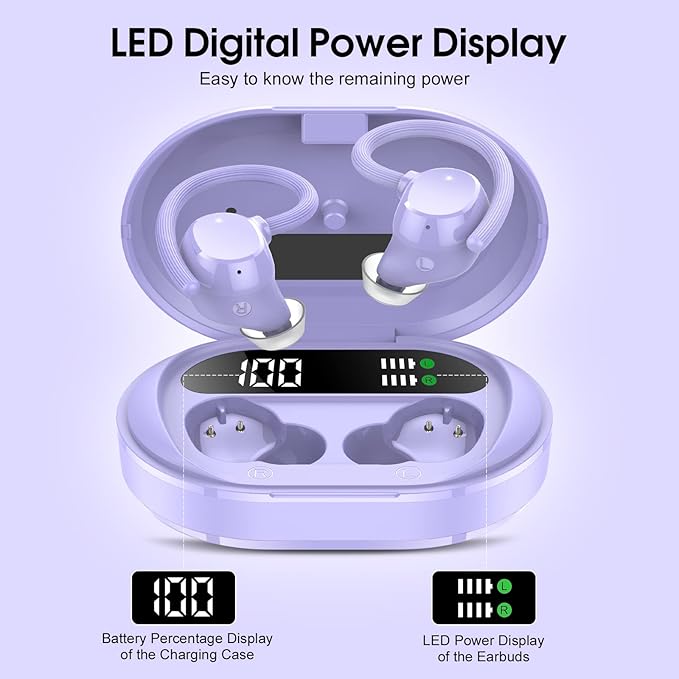 Wireless Earbuds, 2023 New Ultralight Sport Bluetooth 5.3 Headphones In Ear with LED Display, Built-in Mic Earphones, IPX7 Waterproof Wireless Headphones with Earhooks for Gym Workout (Purple)-StrideForce Fitness