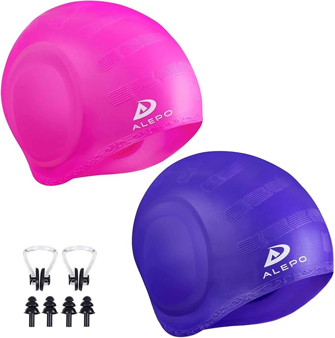 2 Pack Unisex Swim Caps with 3D Ear Protection, Durable Flexible Silicone Swimming Hats for Women Men Kids Adults, Bathing Swimming Caps for Short/Long Hair with Ear Plugs&Nose Clip-StrideForce Fitness