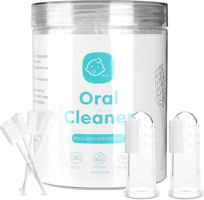 Baby Tongue Cleaner Toothbrush 30Pcs Disposable Infant Tooth Brush Clean with 2Pcs Finger Toothbrush Baby Oral Cleaning Stick Gauze Cleaner Stick Dental (Grey, 30 Piece Assortment)