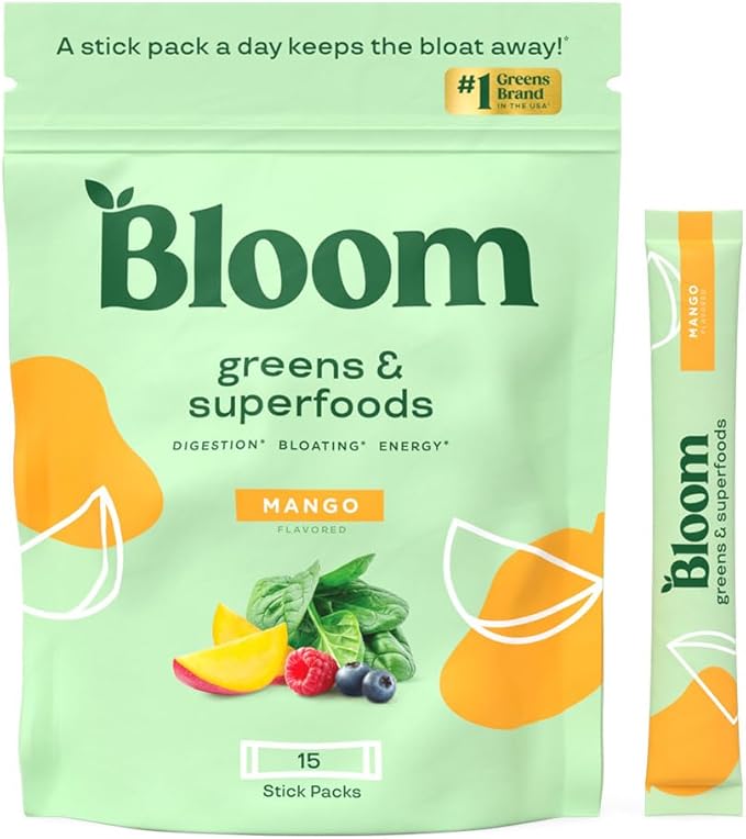 Bloom Nutrition Superfood Greens Powder Stick Packs, Digestive Enzymes with Probiotics and Prebiotics, Gut Health, Bloating Relief for Women, Chlorella, Green Juice Mix, 15 SVG, Mango-StrideForce Fitness