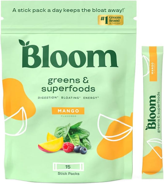 Bloom Nutrition Superfood Greens Powder Stick Packs, Digestive Enzymes with Probiotics and Prebiotics, Gut Health, Bloating Relief for Women, Chlorella, Green Juice Mix, 15 SVG, Mango-StrideForce Fitness
