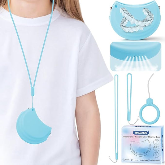 RAZOKO Silicone Retainer Case with 3 Lanyard Cute Aligner Case Vent Holes Night Mouth Guard Case Retainer Holder for Girl Women Kids Men for Travel (Blue)