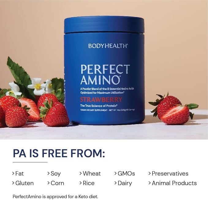BodyHealth PerfectAmino Powder - BCAA and EAA Powder for Pre and Post Workout - Amino Acid Energy Drink for Men and Women to Support Lean Muscle and Recovery - Strawberry - 60 Servings-StrideForce Fitness
