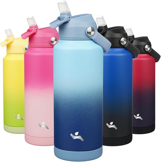 Insulated Water Bottle with Straw Lid,32 oz Stainless Steel Vacuum Metal Bottle with Silicone Handle, Sky-StrideForce Fitness