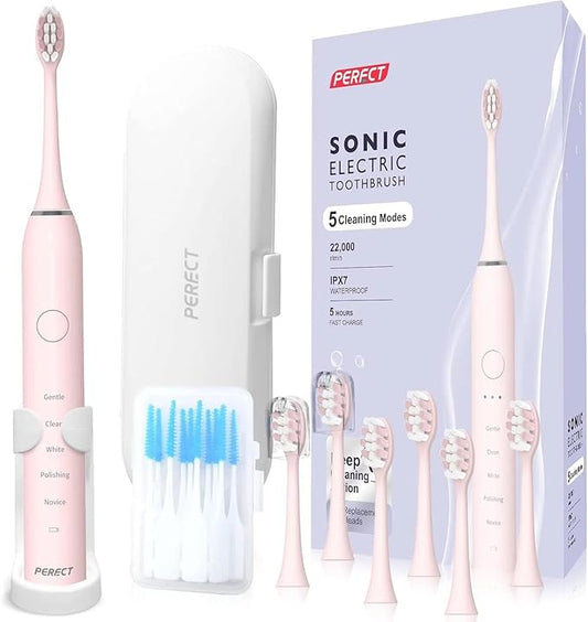 PERECT Ultrasonic Electric Toothbrush with 6 Brush Heads, 5 Modes Electric Toothbrush, Travel Rechargeable Power Toothbrush for Adults with Smart Timer &Travel Case & Soft Picks, IPX7 Waterproof, Pink