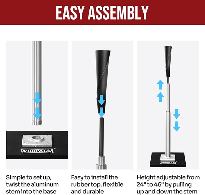 Batting Tee for Baseball/Softball, Premium Hitting Tee with Handrolled Rubber Top,Aluminum Stem,Metal Base,Easy Setup Baseball Tee Height Adjustable 24-46 inch for Kids and Adults-StrideForce Fitness