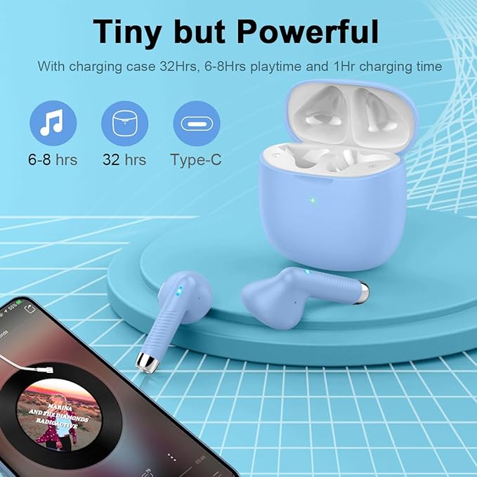 Wireless Earbuds, Bluetooth 5.4 Headphones in Ear with Noise Cancelling Mic, Bluetooth Earbuds Stereo Bass, IP7 Waterproof Sports Earphones, 32H Playtime USB C Charging Buds Light Blue for Android iOS-StrideForce Fitness