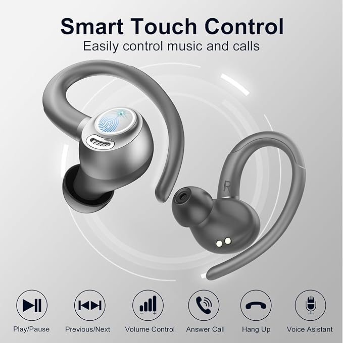 Wireless Earbuds Bluetooth 5.3 Headphones Sports, 48Hrs Playtime Bluetooth Earbuds with CVC 8.0 Mic, Stereo Bass Over Ear Bud with Earhooks, LED Display, IP7 Waterproof Earphon for Running Gray-StrideForce Fitness