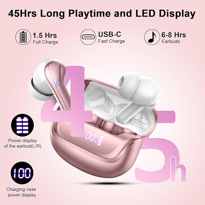 Wireless Earbuds Bluetooth 5.4 Headphones Noise Cancelling, 40H Playtime Bluetooth Ear Bud with Dynamic Drivers Stereo, Sports Earphones Wireless with LED Power Display for Laptop Pad Phones-StrideForce Fitness