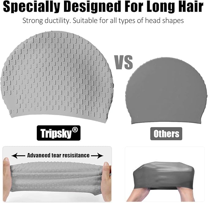 Tripsky Silicone Swim Cap,Comfortable Bathing Cap Ideal for Curly Short Medium Long Hair, Swimming Cap for Women and Men, Shower Caps Keep Hairstyle Unchanged…-StrideForce Fitness