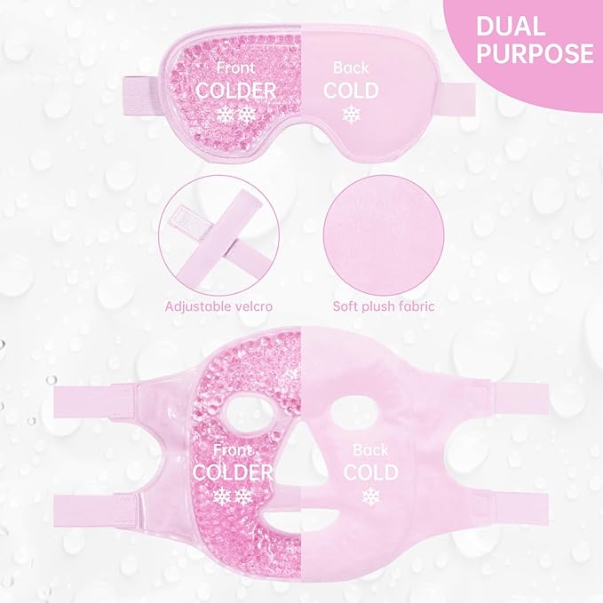 ZNÖCUETÖD Face Eye Mask Ice Pack for Reducing Puffiness, Bags Under Eyes, Puffy Dark Circles, Migraine,Hot/Cold Pack with Soft Plush Backing (Pink-(1*Eye Mask+1*Face Mask))