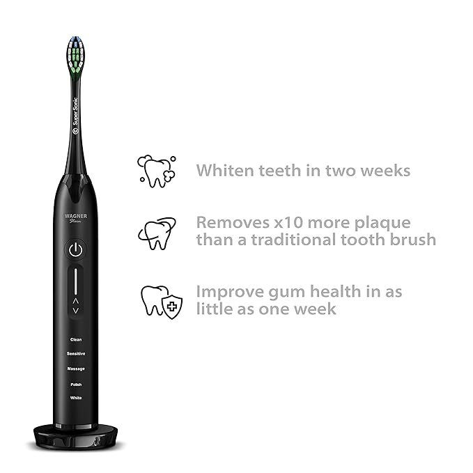 Wagner Stern Ultrasonic Electric Toothbrush - 5 Modes, Pressure Sensor, 8 Brush Heads & Travel Case