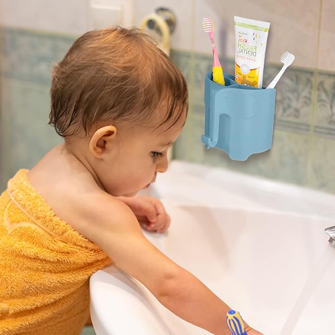 Kids Toothbrush Holder, Cute Elephant Toothbrush Holders for Toddler, Toothbrush Toothpaste Holder for Bathroom, Toothbrush Organizer with 3 Slots and a Hook, Blue